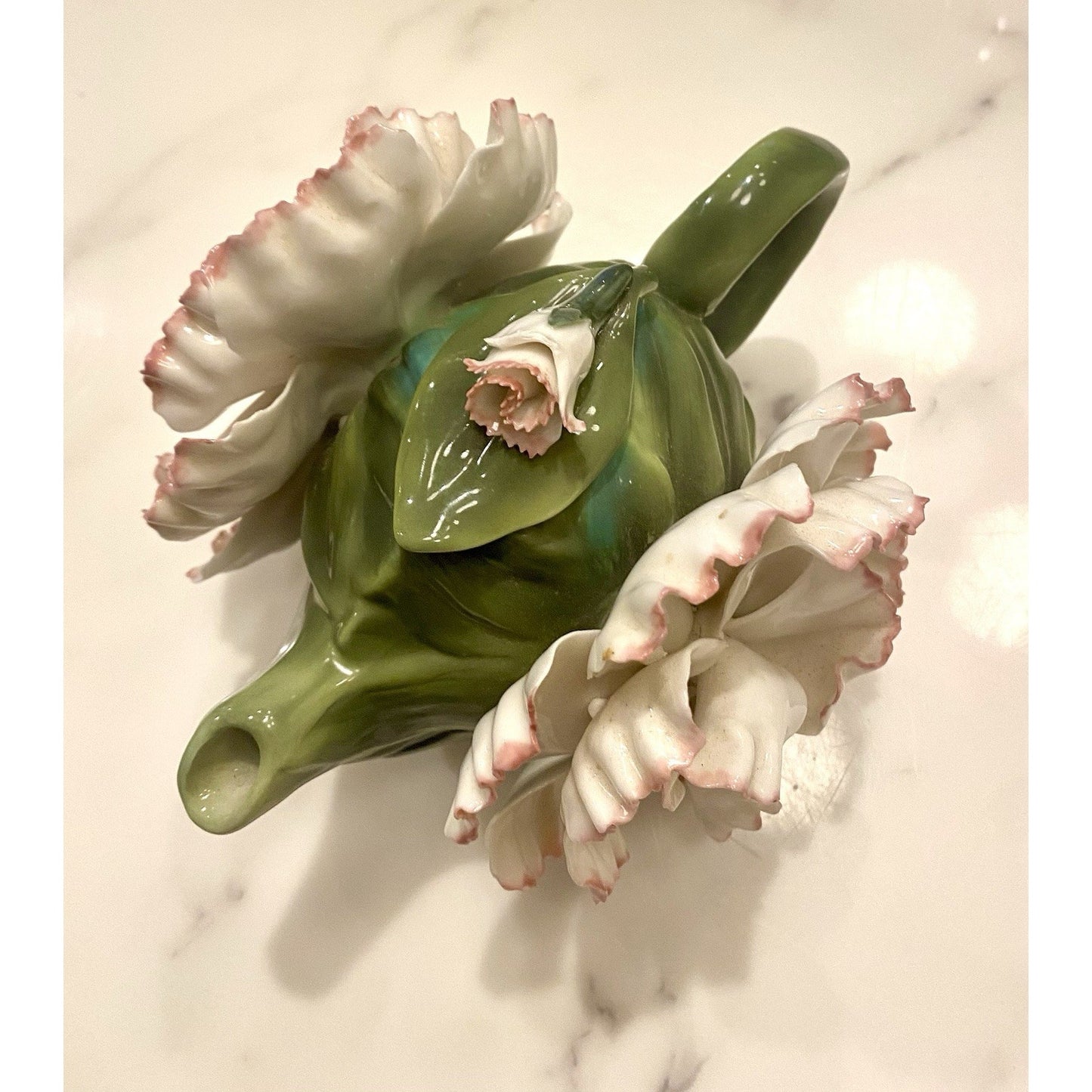 Cosmos Fine Porcelain White/Pink Carnation Flower 3D Teapot/Collectible/Gift