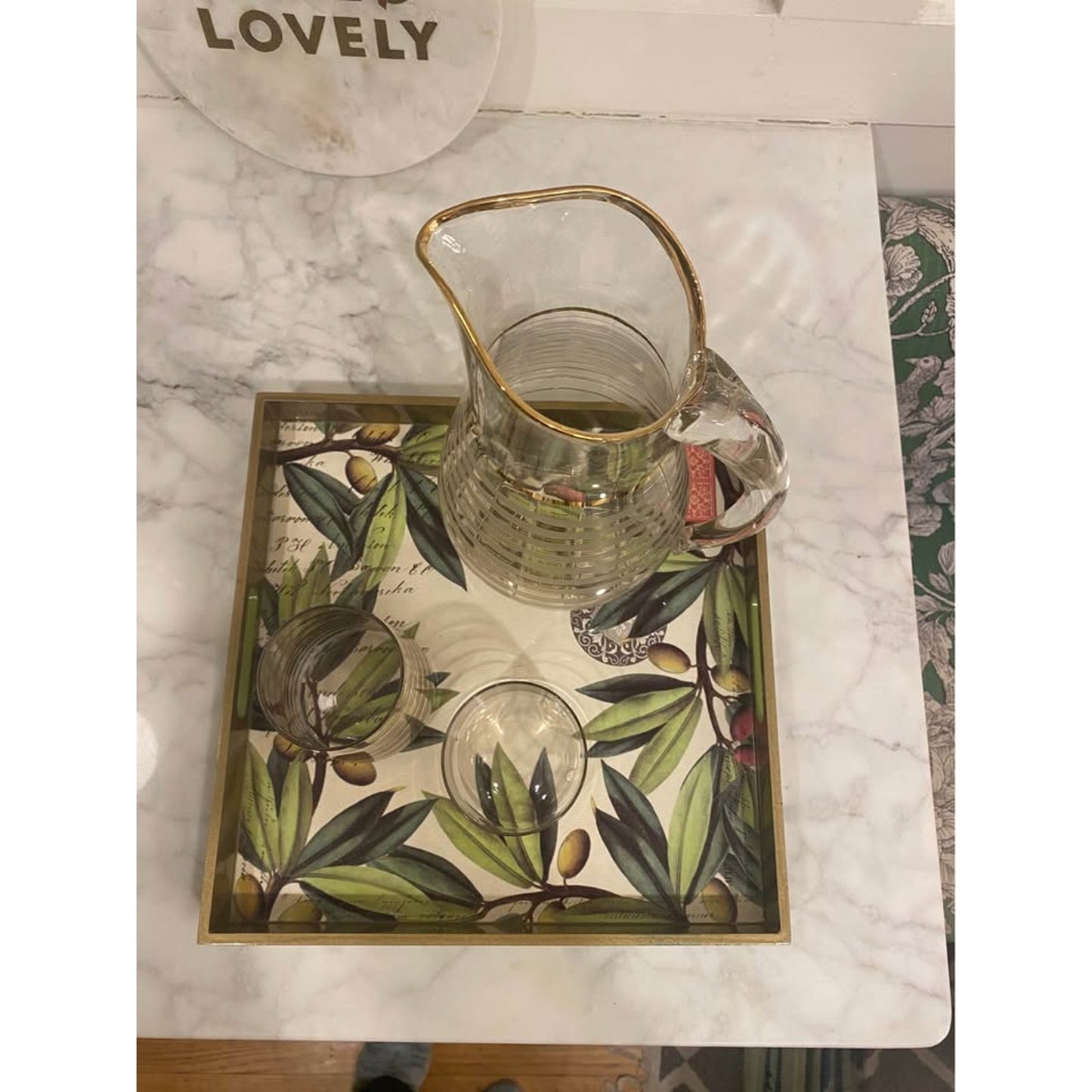 Vintage mid-century modern clear glass pitcher with gold stripes and 2 matching glasses