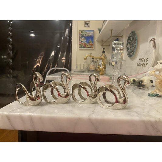 Vintage MCM Silverplate Swan Napkin Rings Sculptural Modernist Table Decor