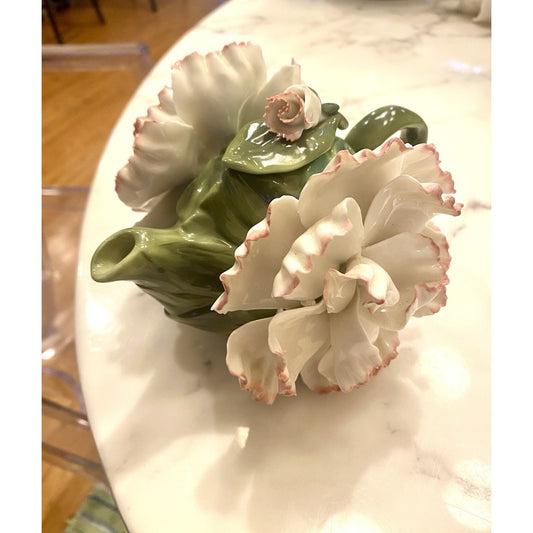 Cosmos Fine Porcelain White/Pink Carnation Flower 3D Teapot/Collectible/Gift