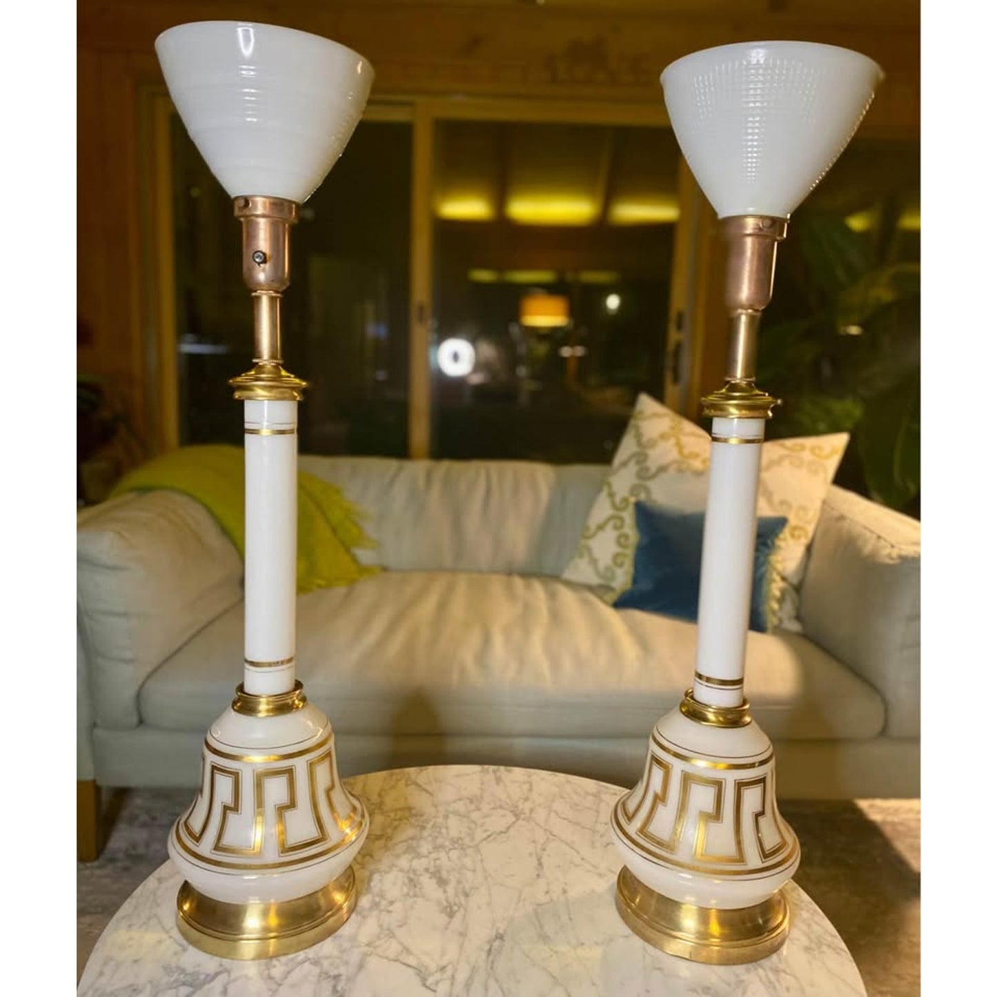 vintage pair of Greek key Torchiere lamps