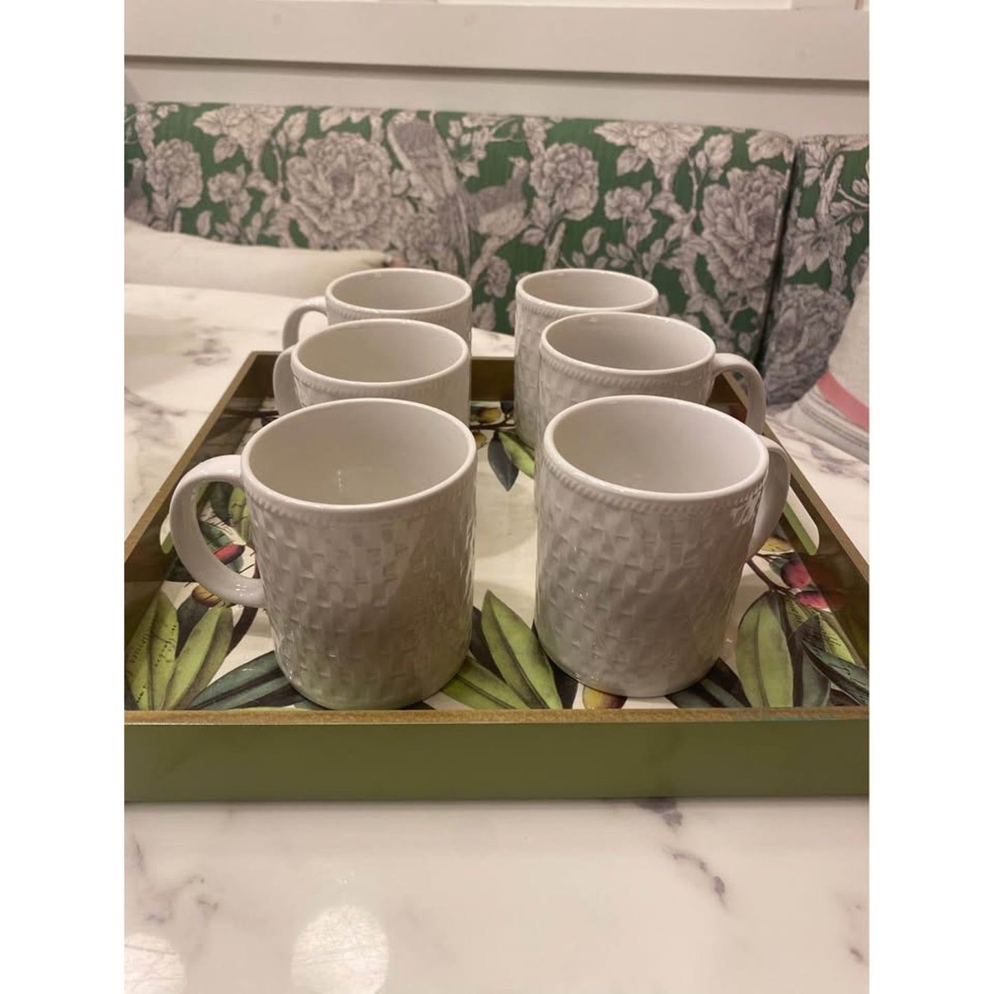 Onieda Wicker White Stoneware 6 Coffee Mugs Basket Weave Pattern
