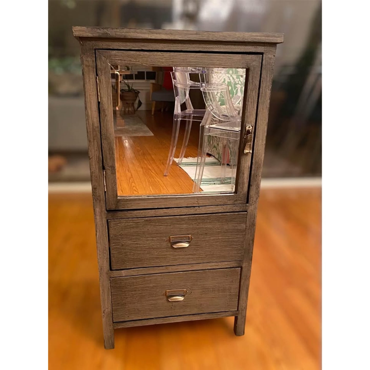 unique weathered wood cabinet with beveled mirror