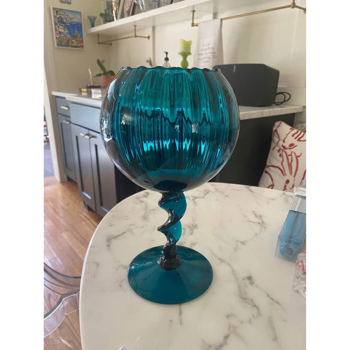 Large art glass empoli mid century peacock blue compote bowl 12" Italy