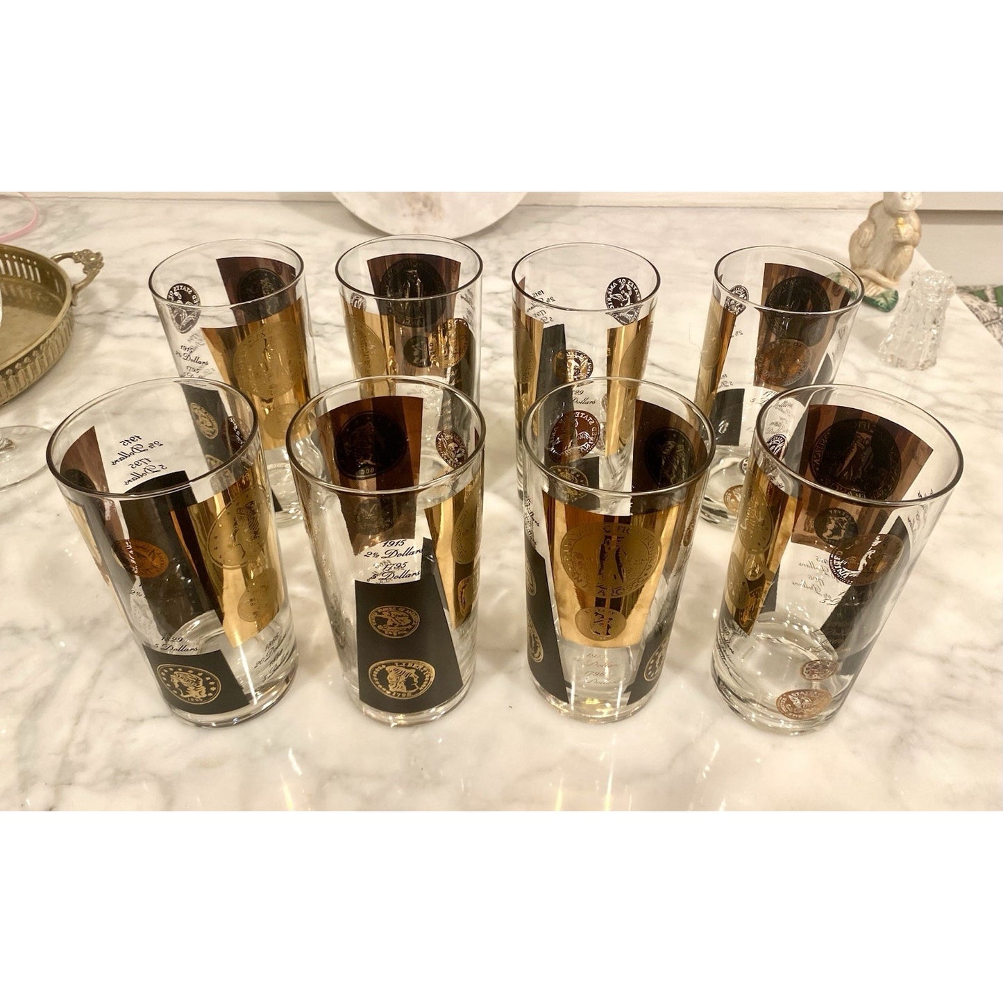 MCM Mid-Century CERA Glass Gold Black Dollar Coins Set of 4 Highball Glasses