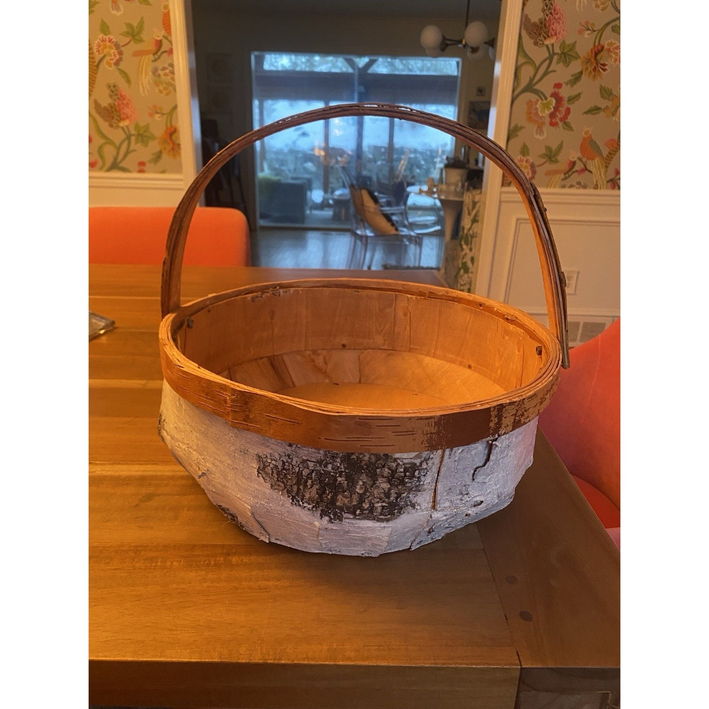 River Birch Bark Covered Basket w. Wooden Handle And Wooden Base.