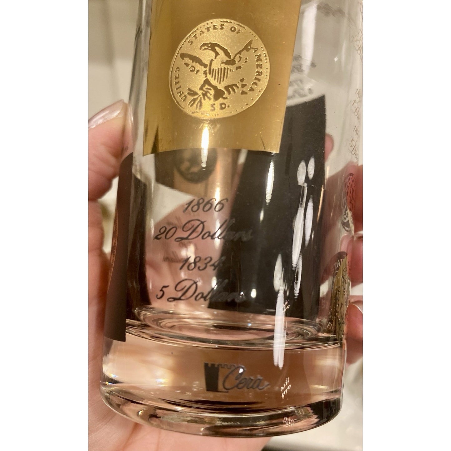 MCM Mid-Century CERA Glass Gold Black Dollar Coins Set of 4 Highball Glasses