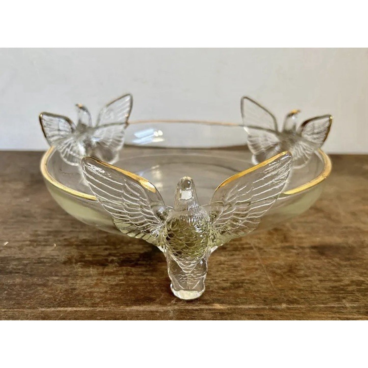 Vintage Jeanette Glass Three Eagles Footed Bowl Candy Dish Gold Trim