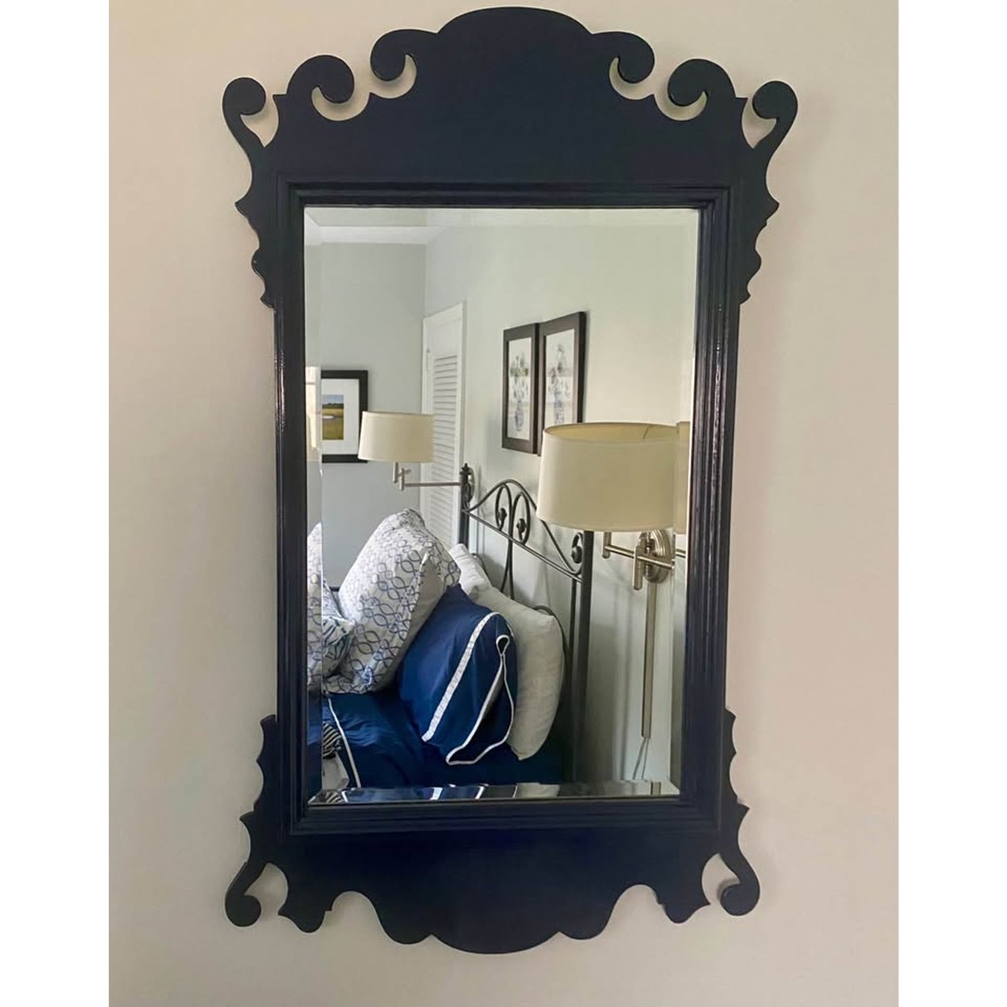 Vintage Hitchcock Newfield Solid Wood Navy Gloss Beveled Mirror