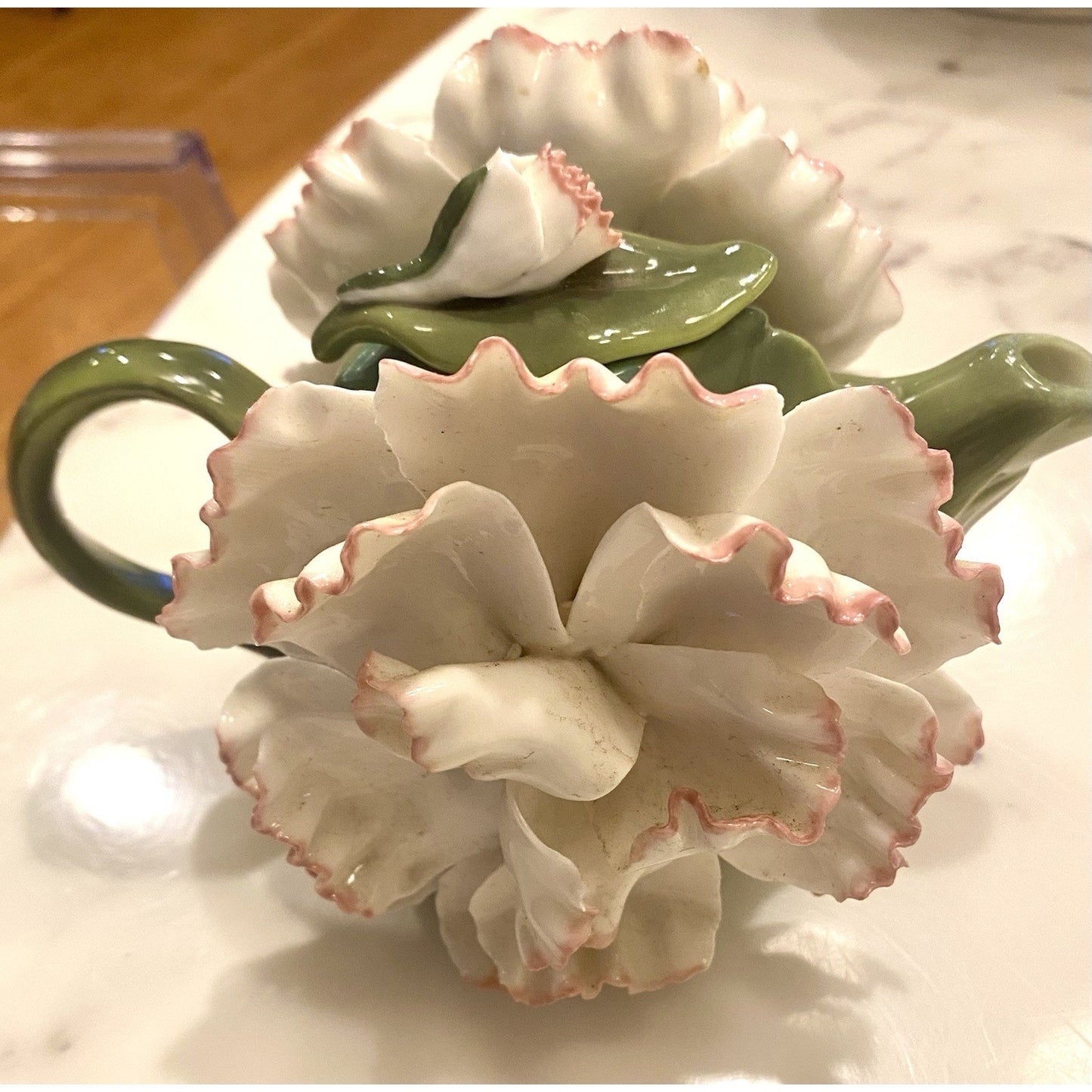 Cosmos Fine Porcelain White/Pink Carnation Flower 3D Teapot/Collectible/Gift