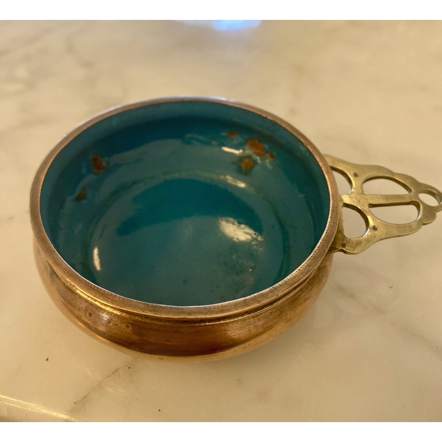 Aqua Copper Brass Enamel Bowl Vintage Chinese Asian Trinket Dish