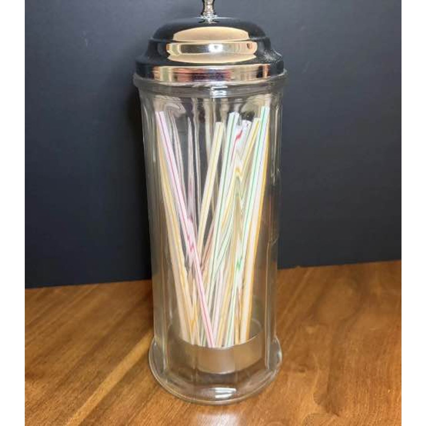 Vintage Gemco Glass Straw or Barber Dispenser Heavy Jar Chrome Top