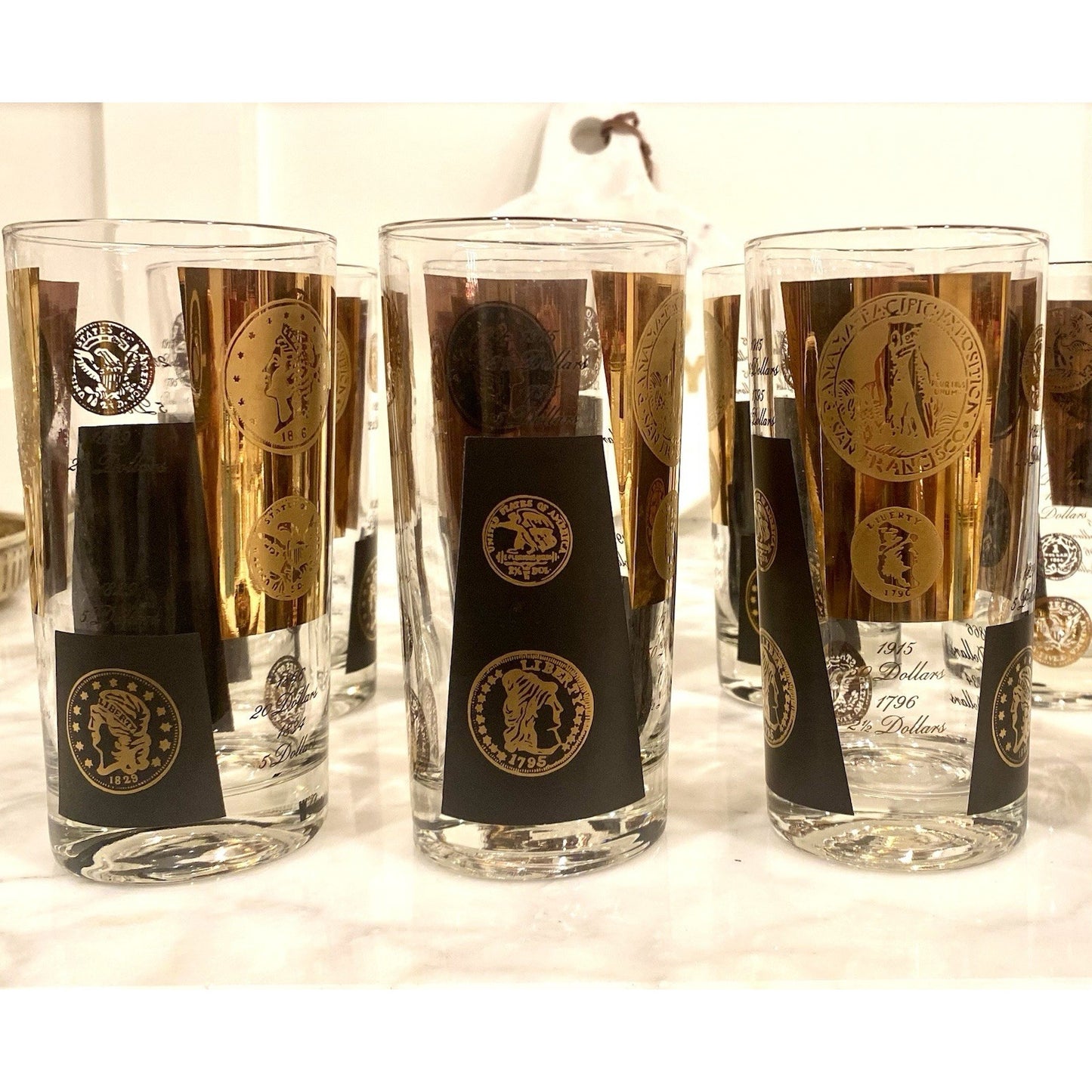 MCM Mid-Century CERA Glass Gold Black Dollar Coins Set of 4 Highball Glasses