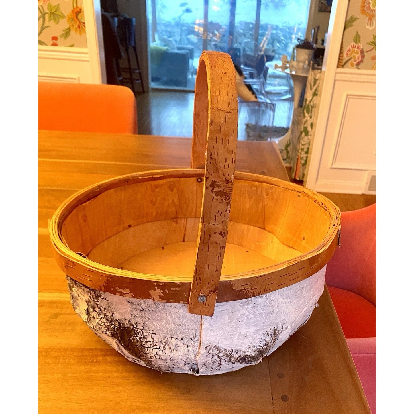 River Birch Bark Covered Basket w. Wooden Handle And Wooden Base.