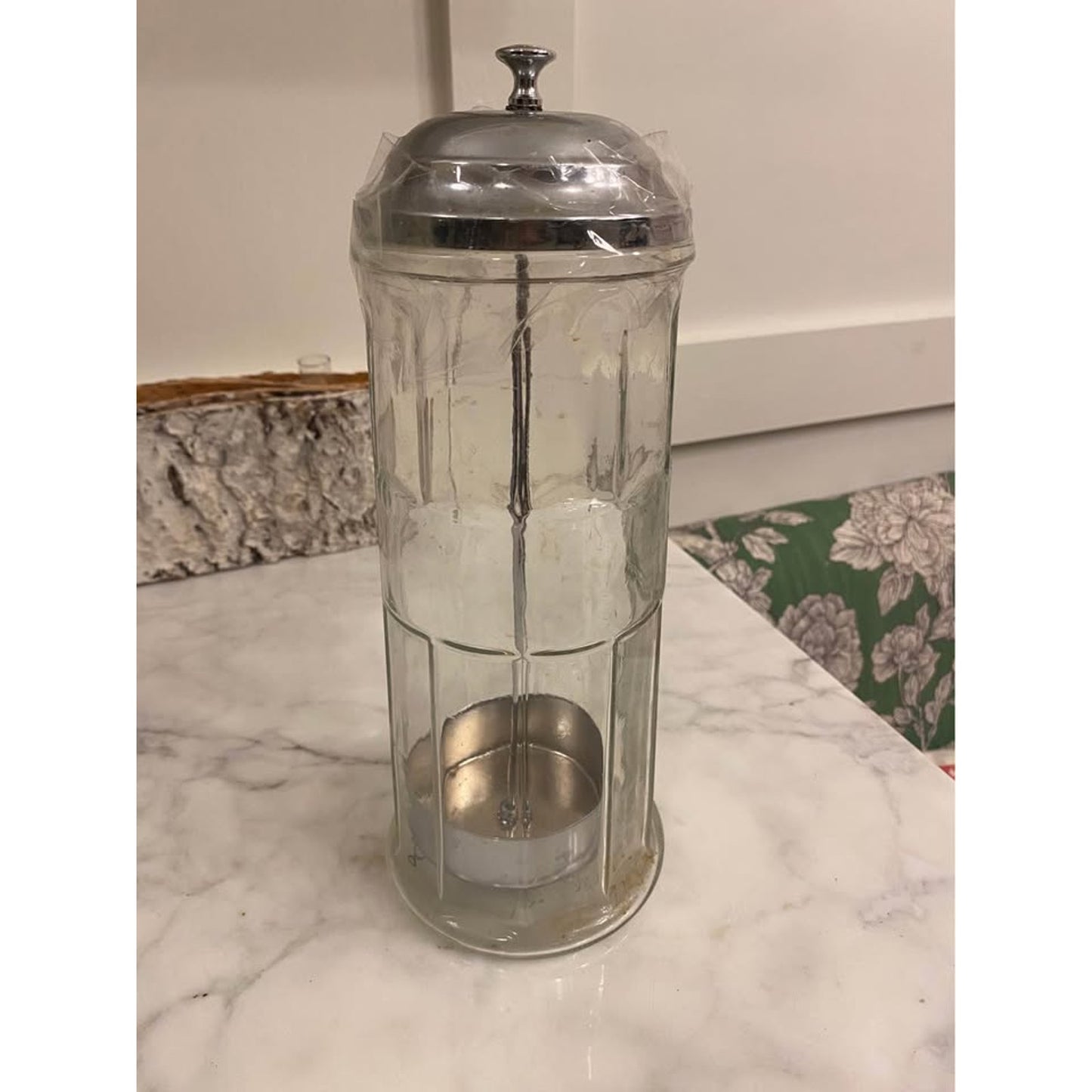 Vintage Gemco Glass Straw or Barber Dispenser Heavy Jar Chrome Top