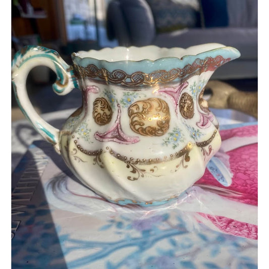 Vintage Ornate Creamer Pitcher Gold Pink Blue Decor