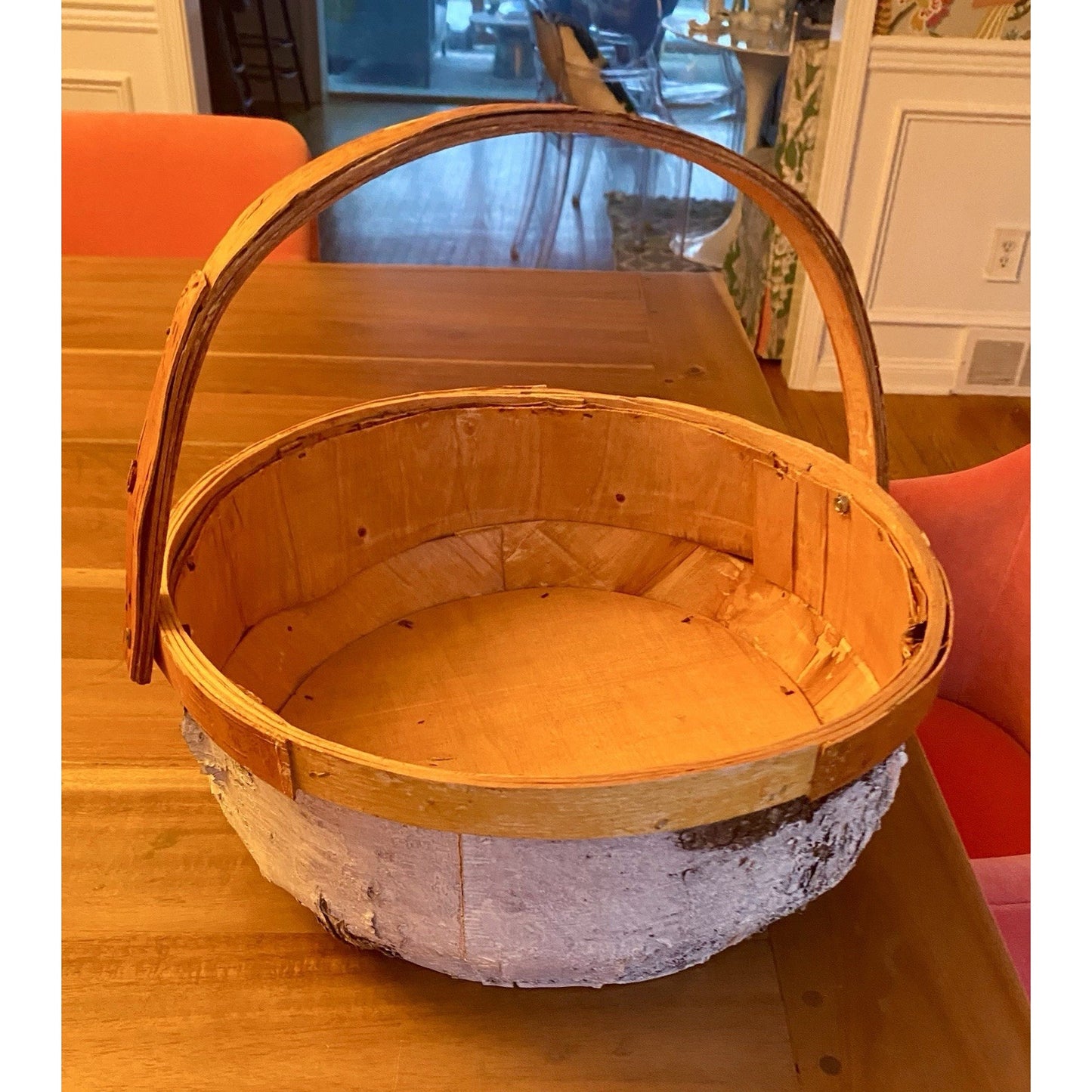 River Birch Bark Covered Basket w. Wooden Handle And Wooden Base.