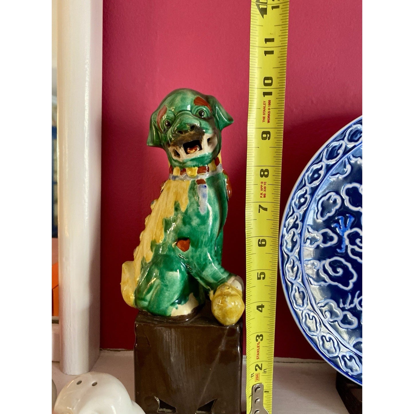 Chinese Foo Fu Dog Lion Porcelain Figurine Green/Yellow 10” Tall