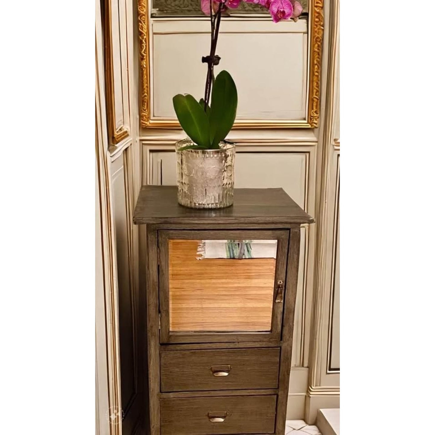unique weathered wood cabinet with beveled mirror