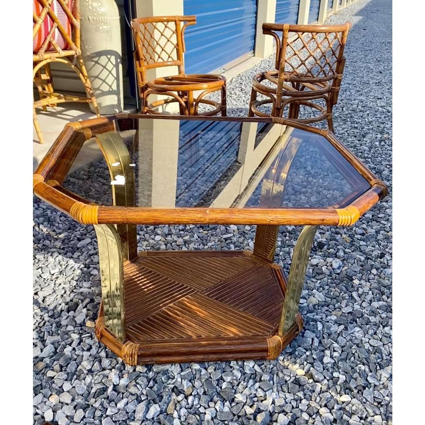 Hollywood Regency Rattan and Brass Coffee Table