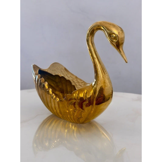 1970's Vintage Hollywood Regency Coastal Brass Swan Planter/Trinket dish