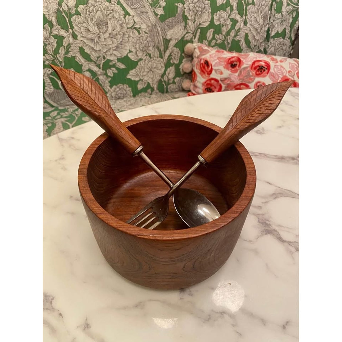 Carved Wood Salad Bowl and Serving Utensil Set
