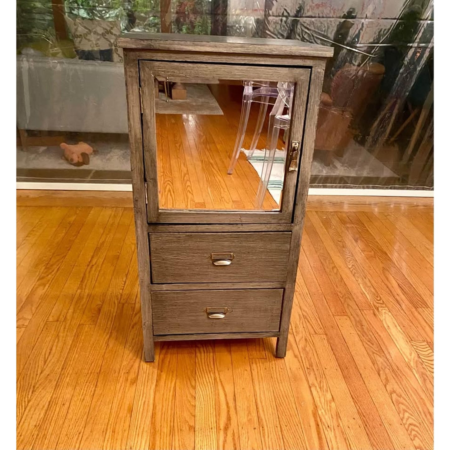 unique weathered wood cabinet with beveled mirror