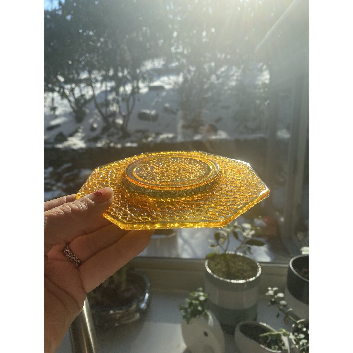 Vintage Smith Glass Cracky Amber Bread Dessert Plates (6)