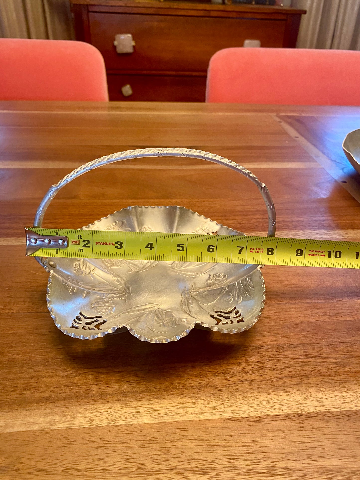 Vintage Double Aluminum Bride’s Basket w/ Pierced Design, Roses and Handle