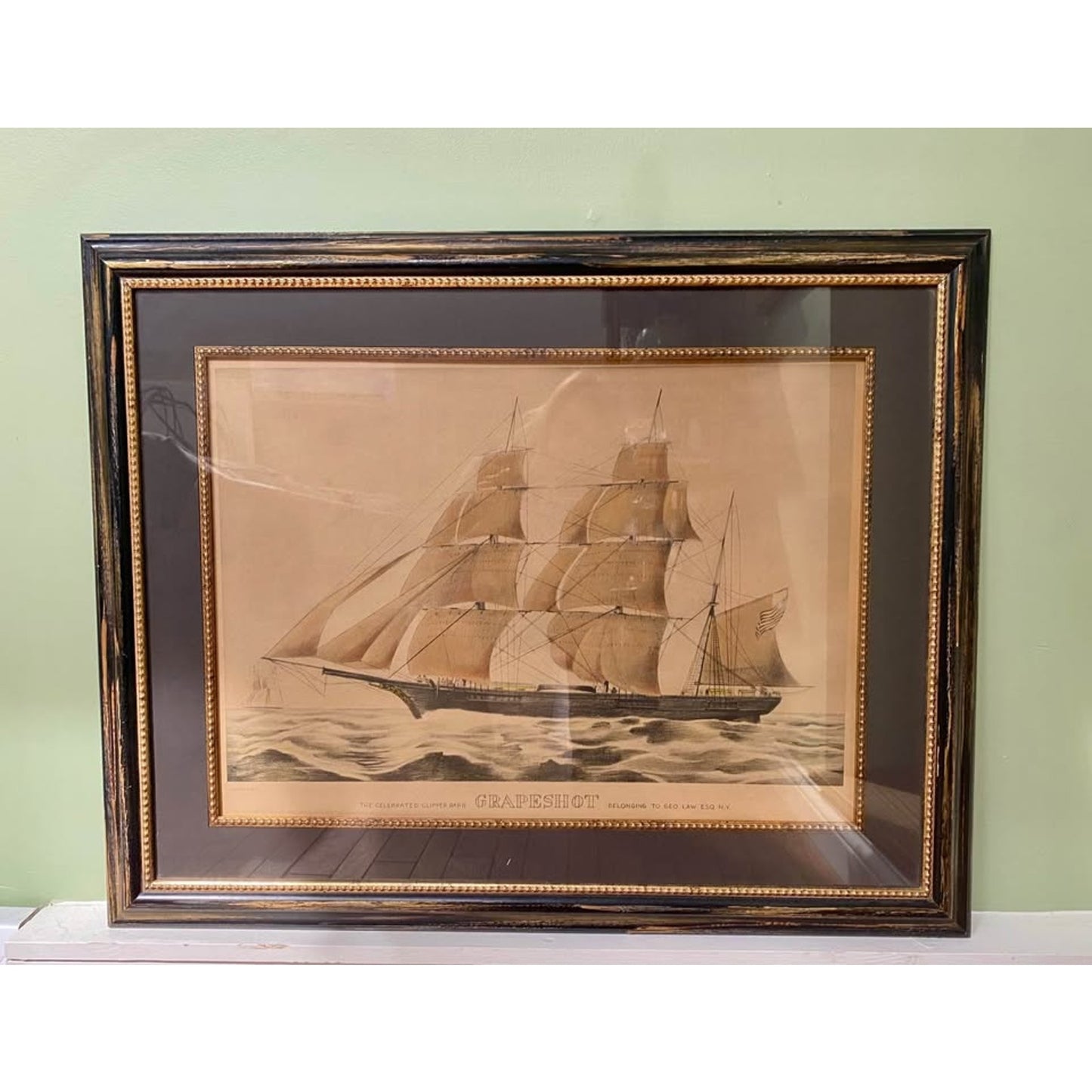 Expertly framed vintage Currier & Ives lithograph titled "The Celebrated Clipper Bark Grapeshot"
