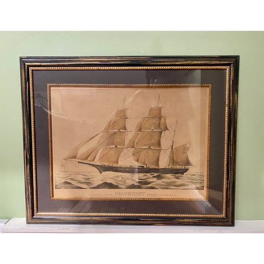 Expertly framed vintage Currier & Ives lithograph titled "The Celebrated Clipper Bark Grapeshot"