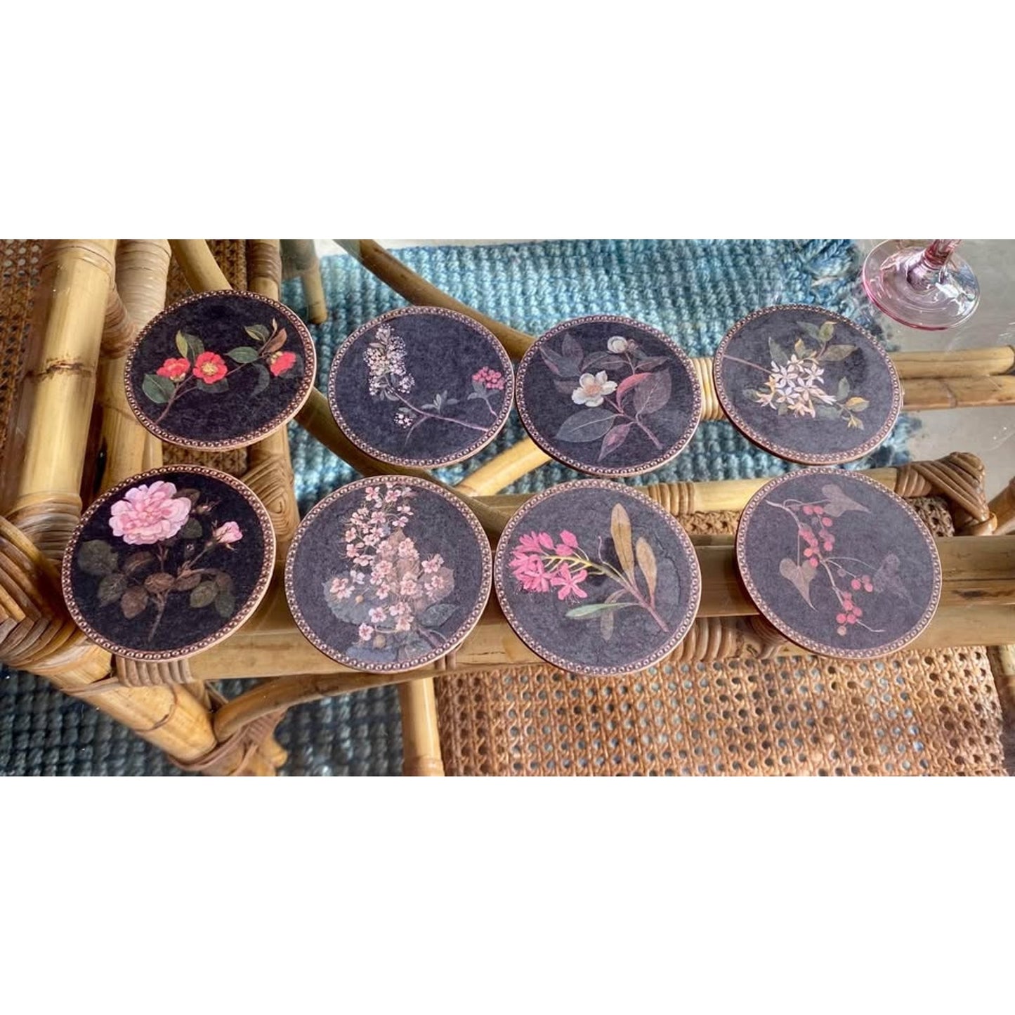 Set if 8 botanical collage coasters inspired by Mary Delany