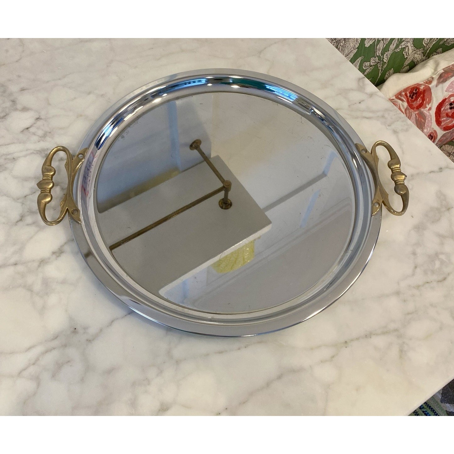 MCM 15" Round Chromed Silver Serving Tray Ornate Brass Handles Vintage Kromex