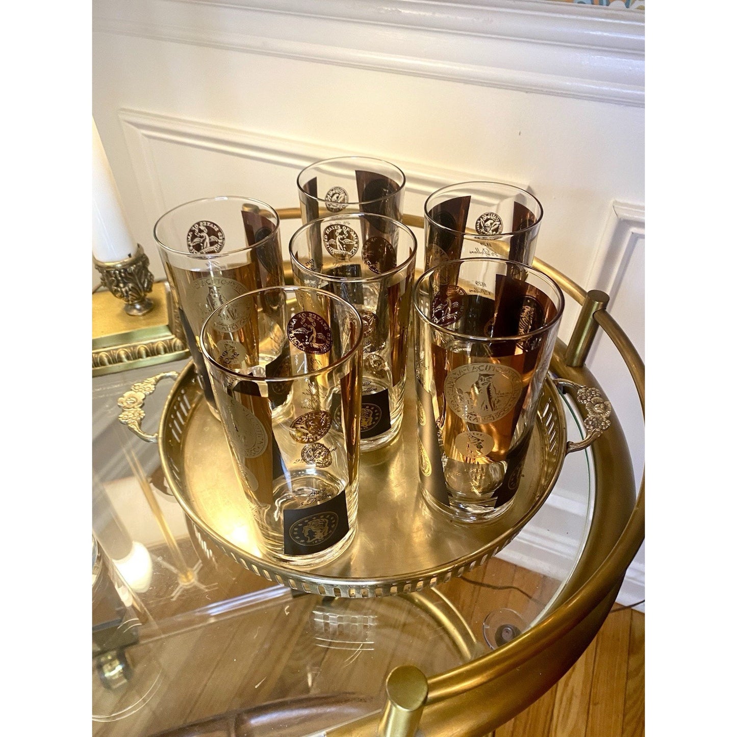 MCM Mid-Century CERA Glass Gold Black Dollar Coins Set of 4 Highball Glasses