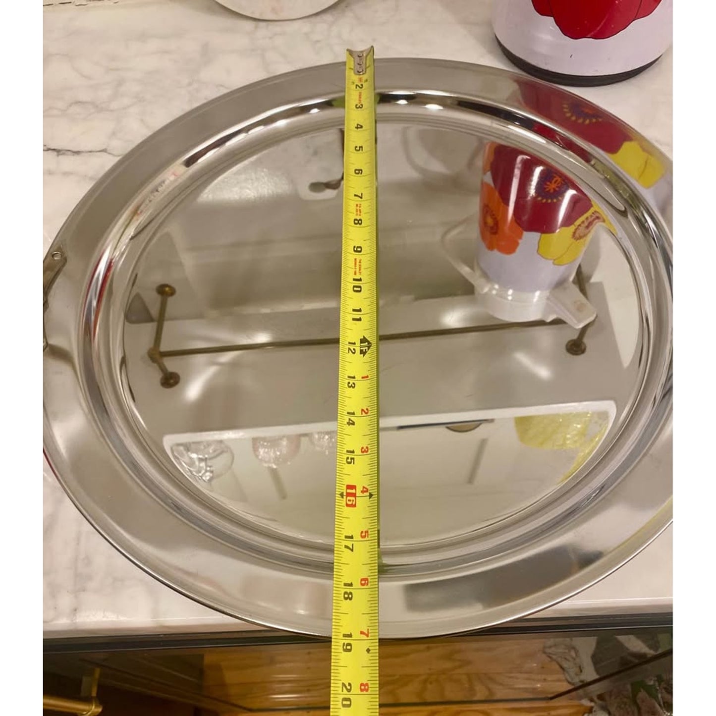TG Kromex Mid Century Round 20" Serving Tray Platter Brass Handles Chrome MCM