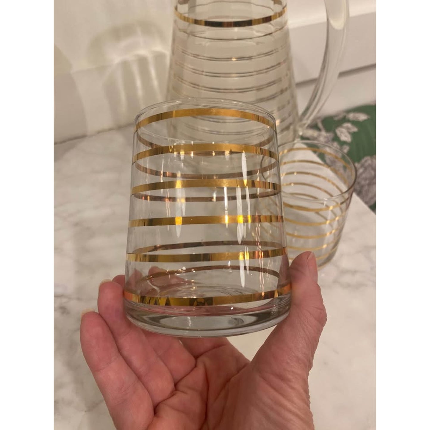 Vintage mid-century modern clear glass pitcher with gold stripes and 2 matching glasses