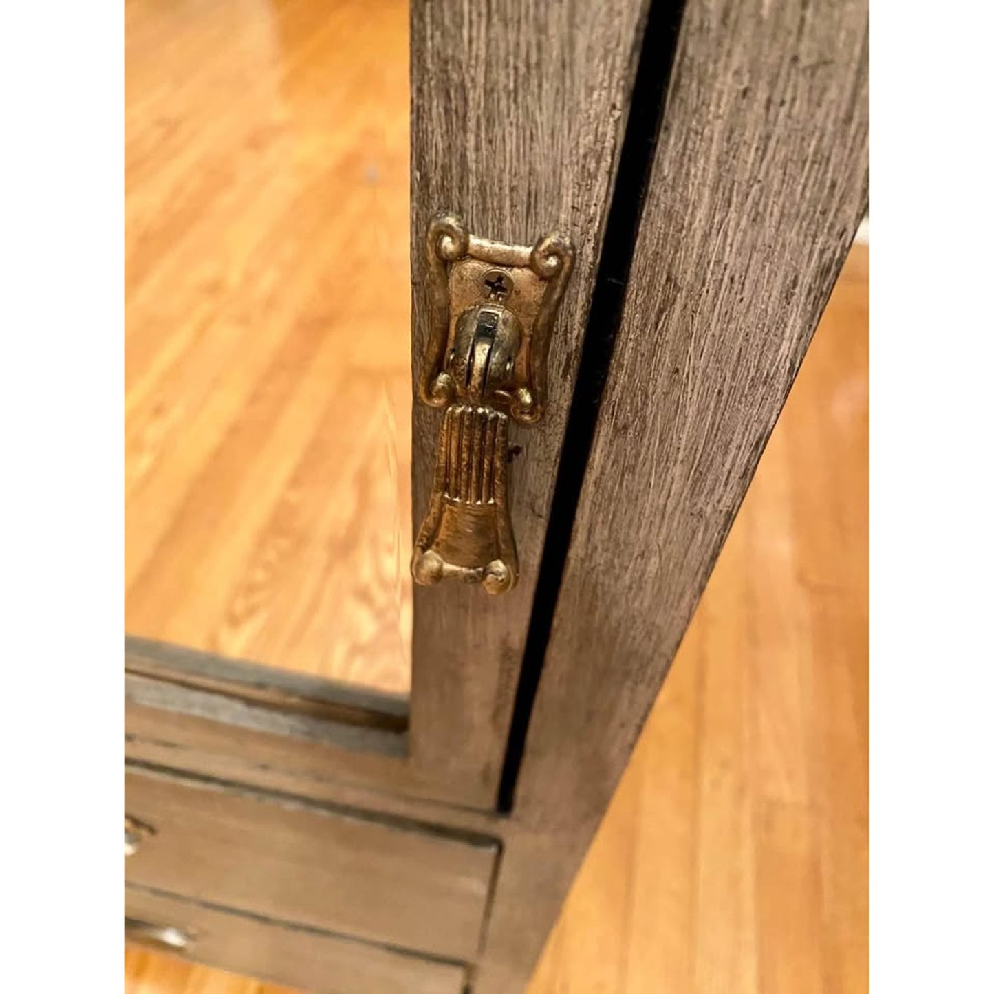 unique weathered wood cabinet with beveled mirror