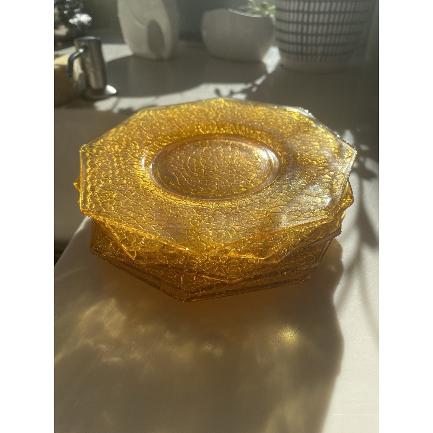 Vintage Smith Glass Cracky Amber Bread Dessert Plates (6)