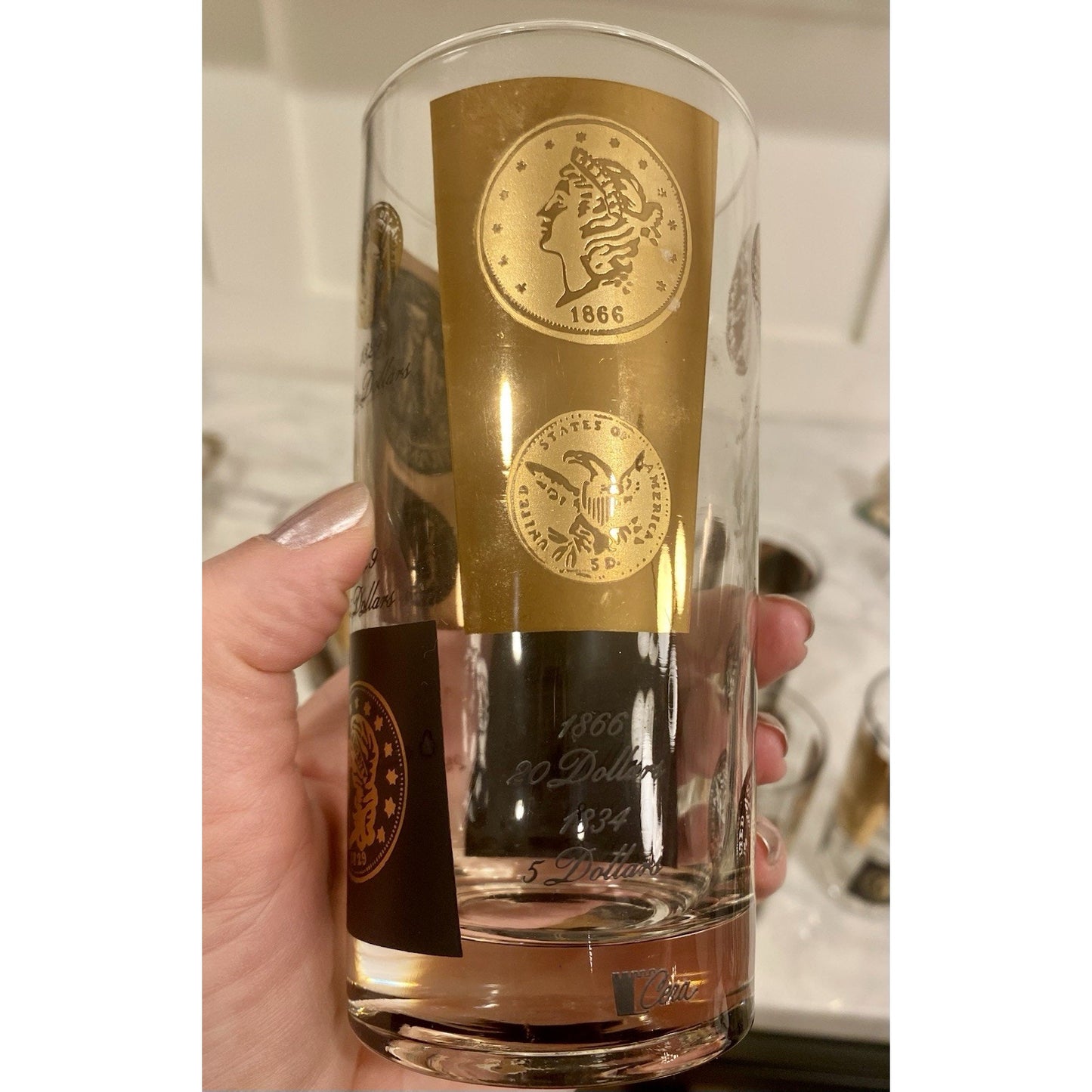 MCM Mid-Century CERA Glass Gold Black Dollar Coins Set of 4 Highball Glasses