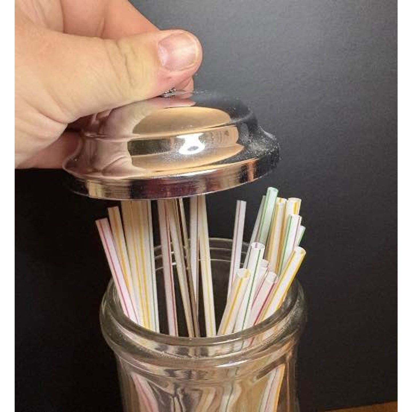 Vintage Gemco Glass Straw or Barber Dispenser Heavy Jar Chrome Top