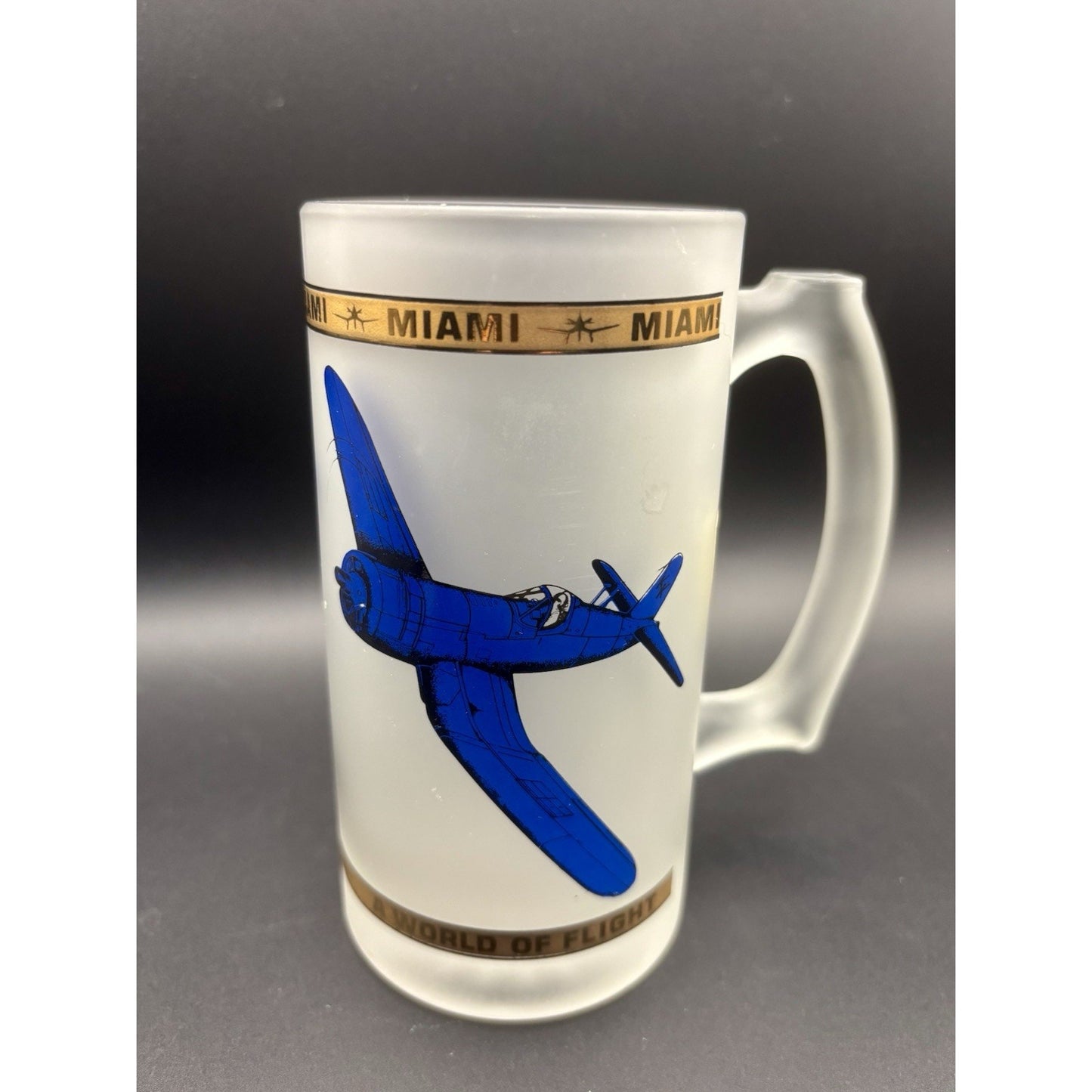 Vtg Miami Frosted Glass Mug Kapan Kent 22K Gold Accent Airplane Collectible Mug