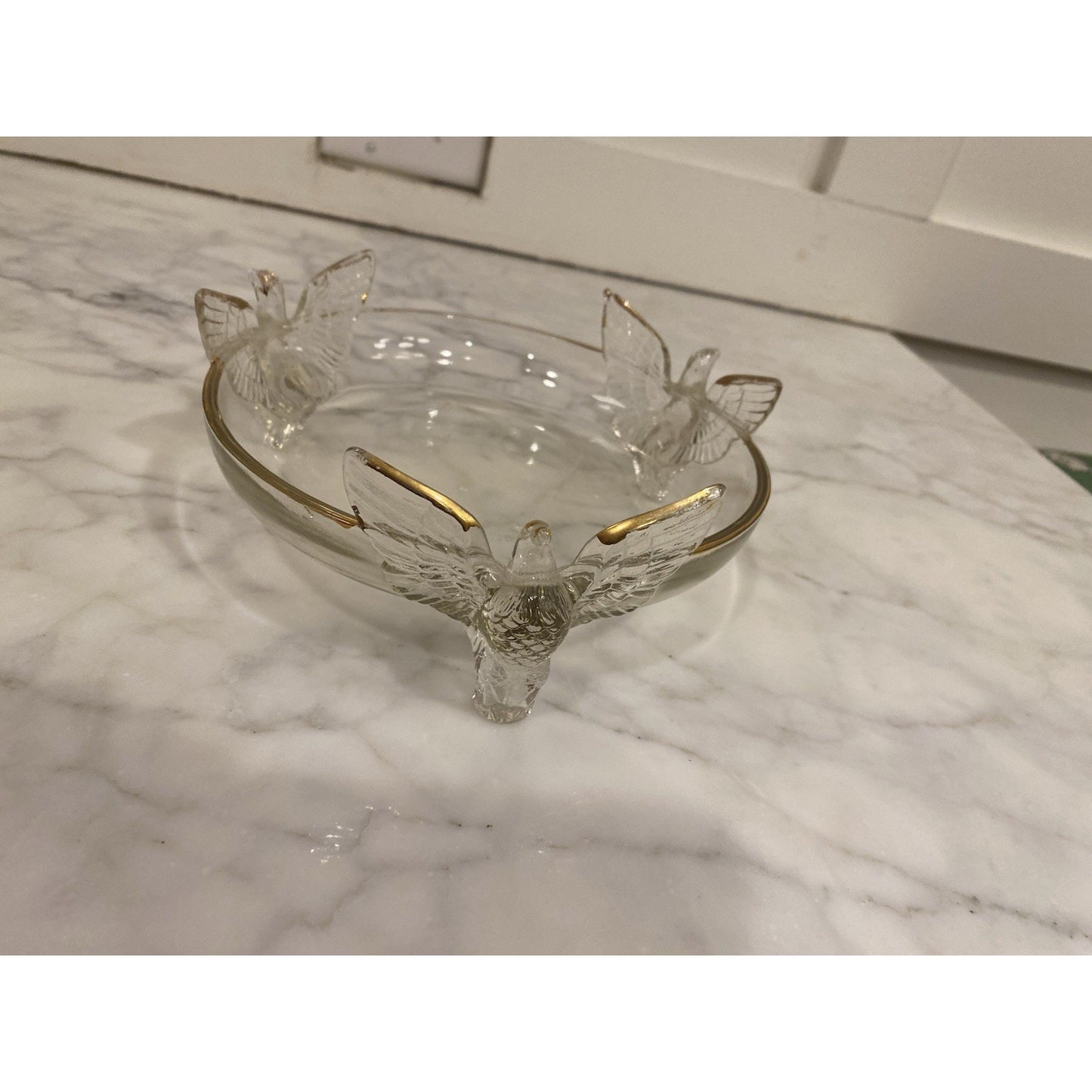 Vintage Jeanette Glass Three Eagles Footed Bowl Candy Dish Gold Trim