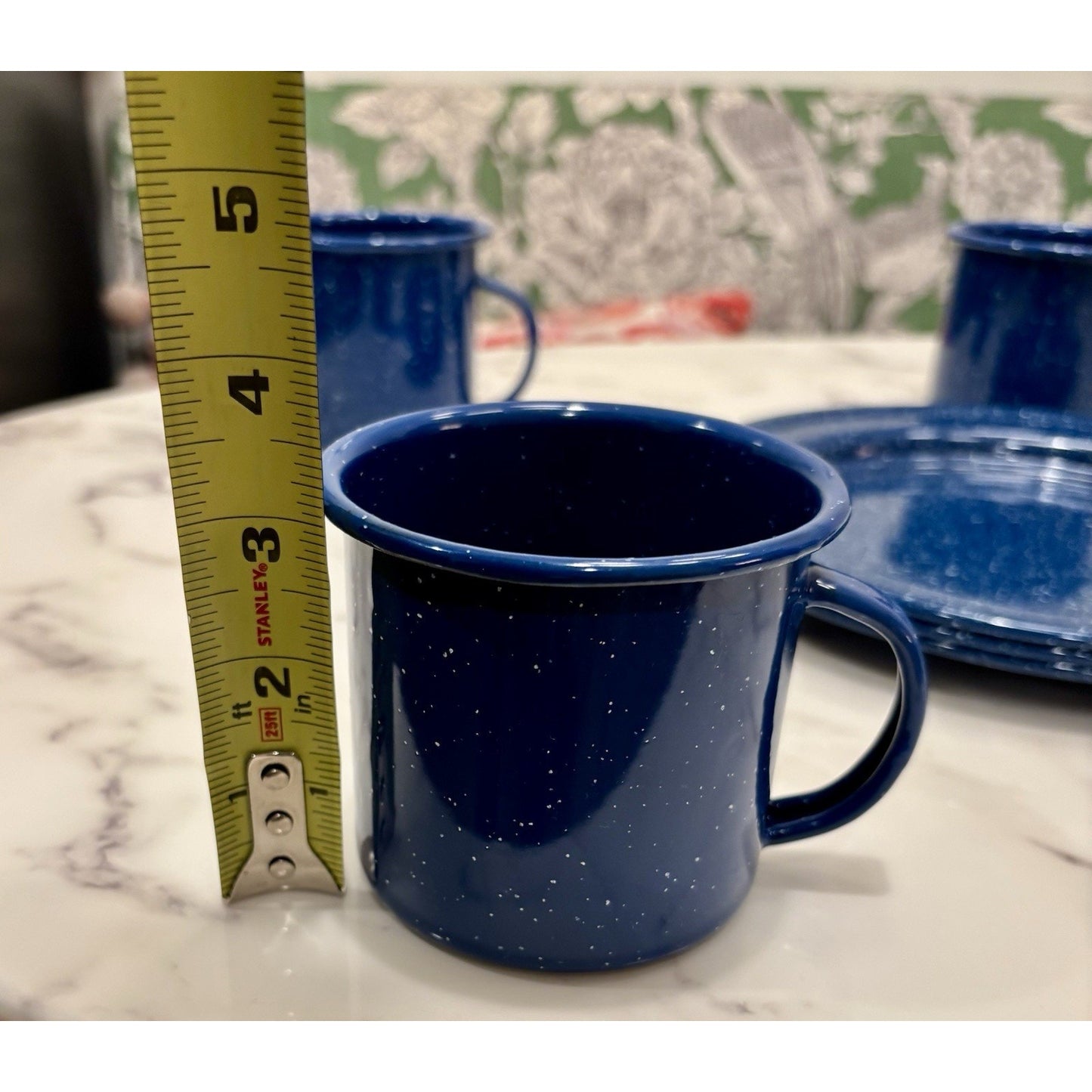 Vintage Enamelware Blue White Speckled Dish Set 3 Plates And 3 Mugs