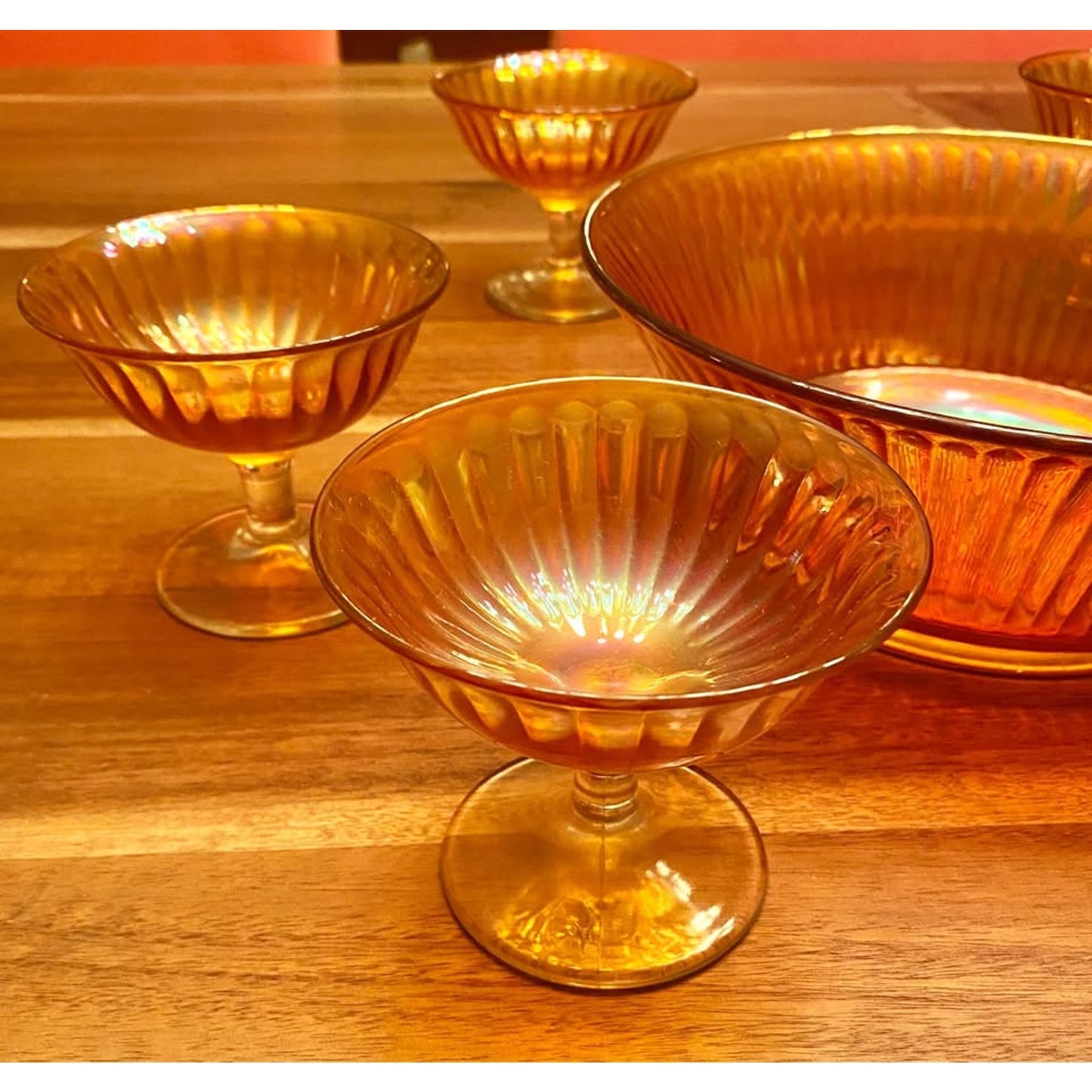 Vintage Carnival Glass fruit bowl and footed berry bowls