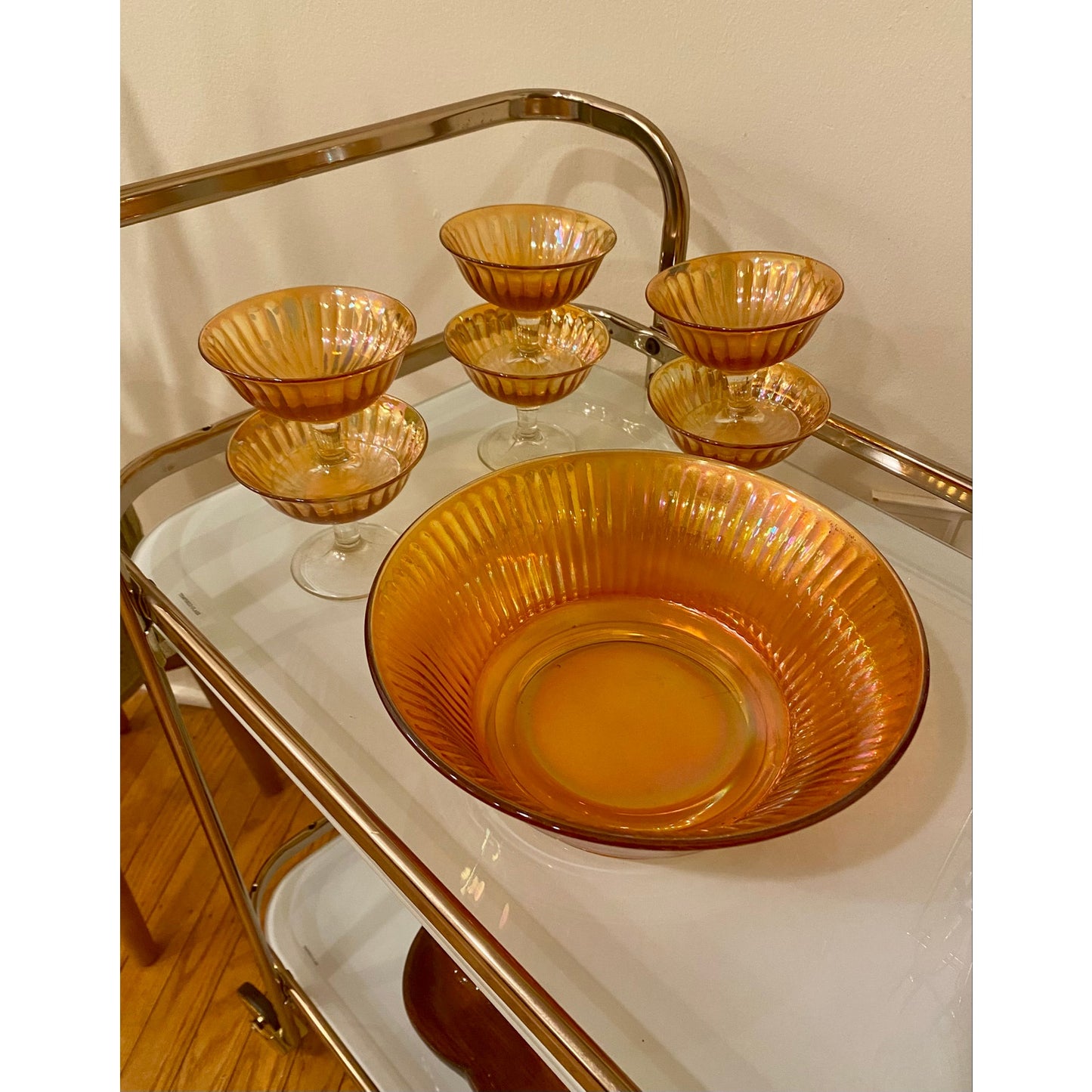Vintage Carnival Glass fruit bowl and footed berry bowls