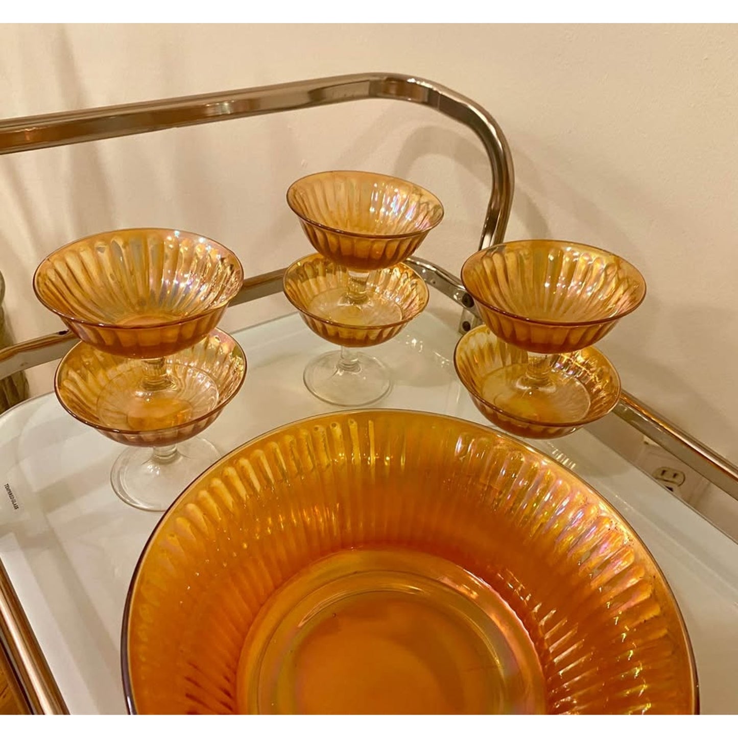 Vintage Carnival Glass fruit bowl and footed berry bowls