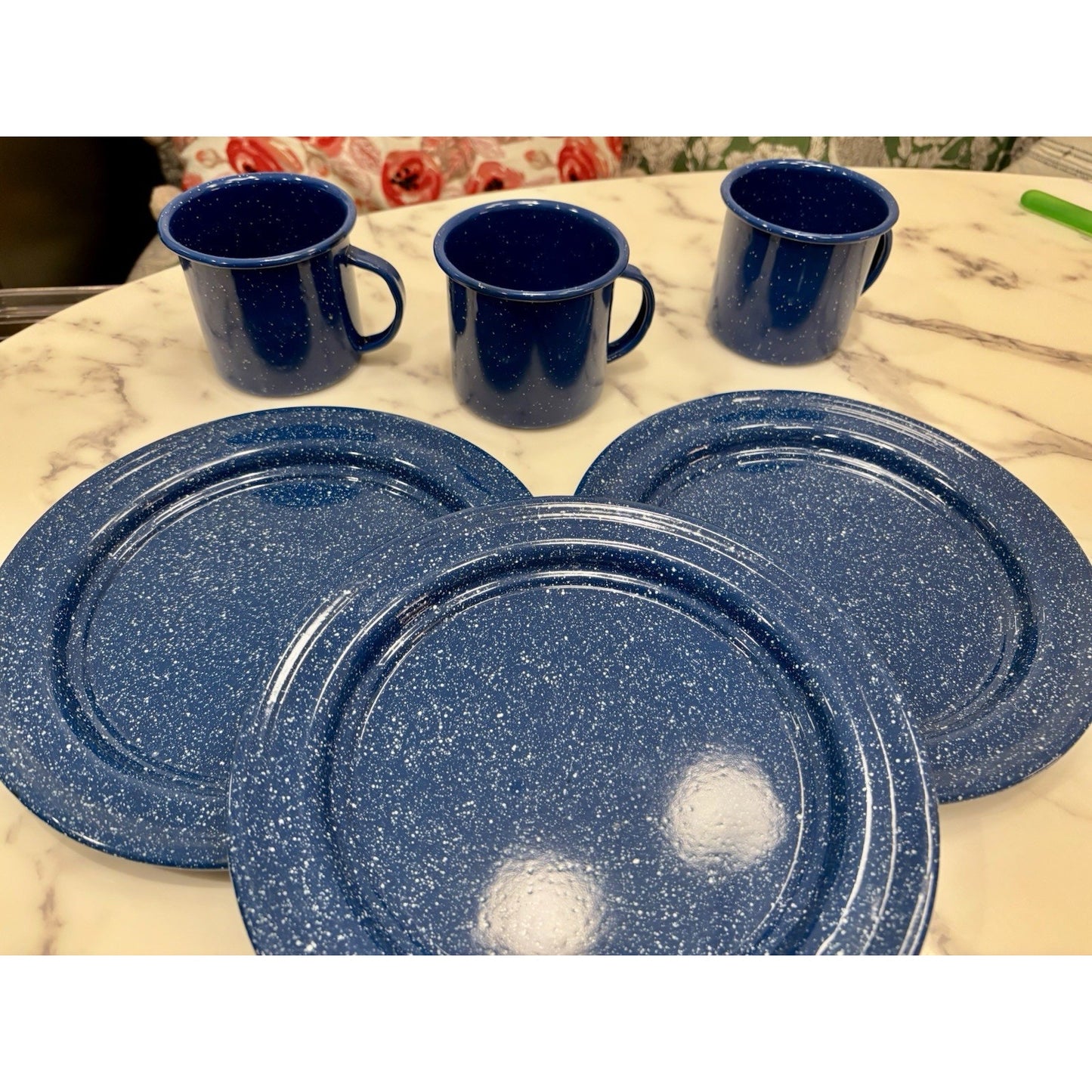 Vintage Enamelware Blue White Speckled Dish Set 3 Plates And 3 Mugs