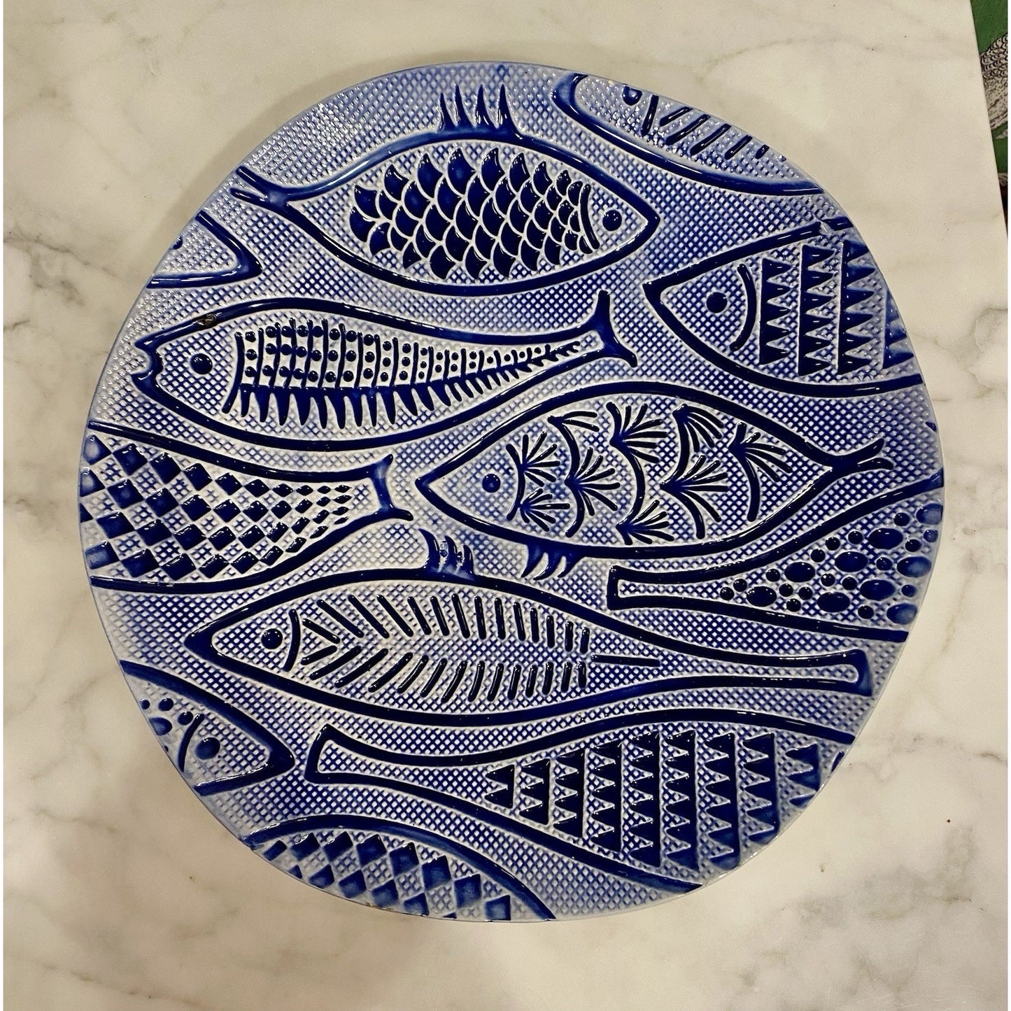 Fish Design Plate 10.5" Blue and White With wavy Edge