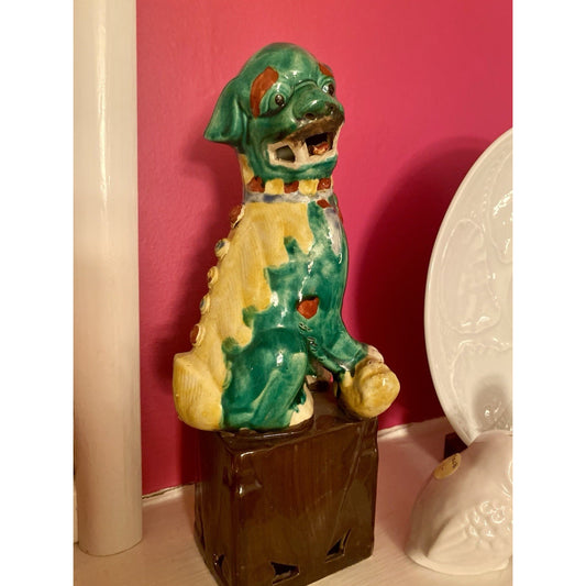 Chinese Foo Fu Dog Lion Porcelain Figurine Green/Yellow 10” Tall