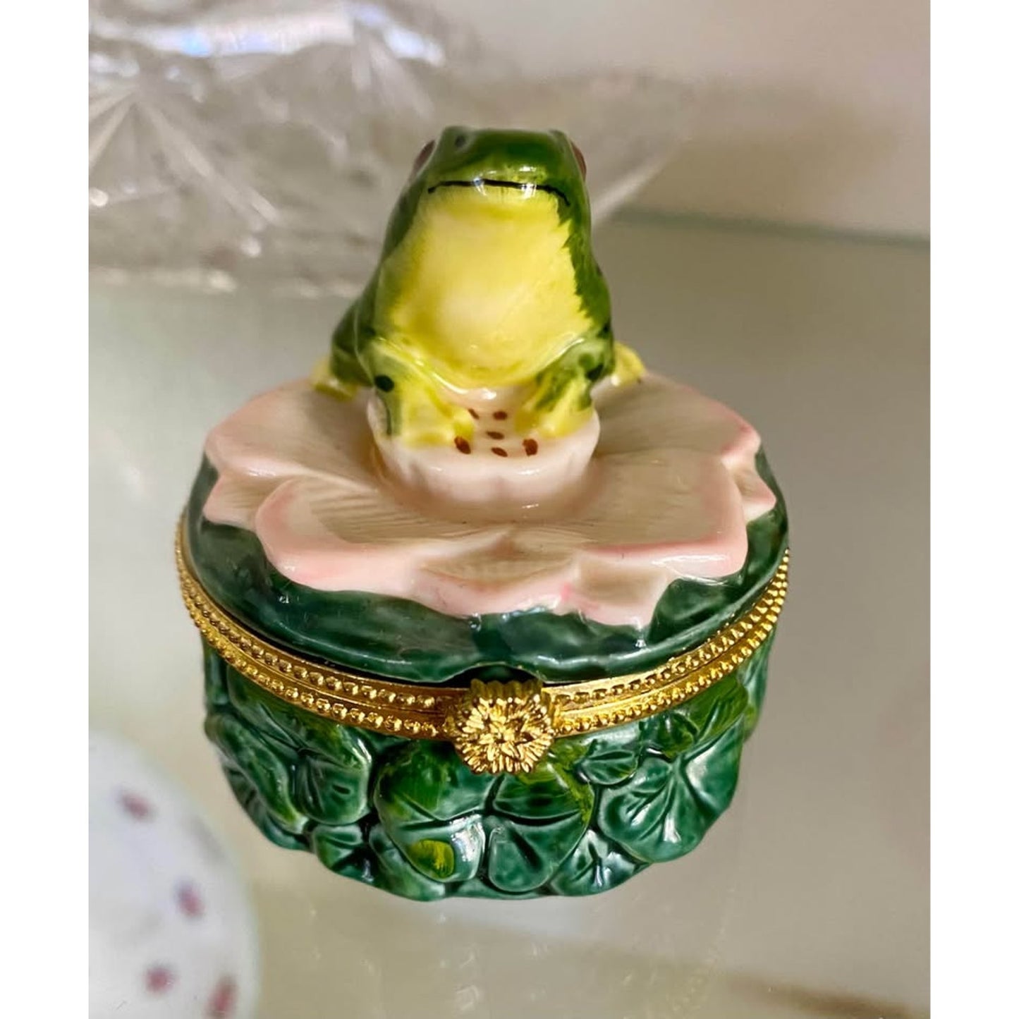 Frog on a Pink Lily Pad Trinket Box